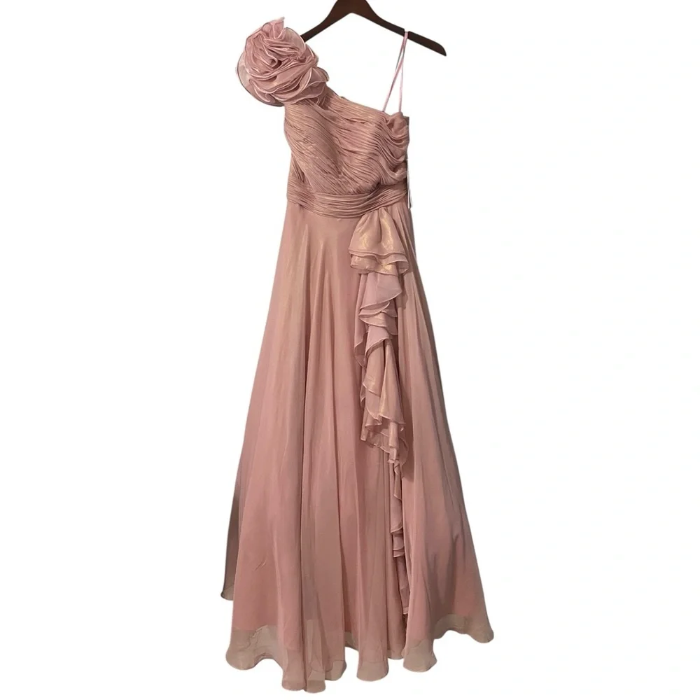 NWT Mac Duggal Pink Iridescent One Shoulder Rosette Ball Gown Dress 49252 Size 4 - Picture 5 of 8